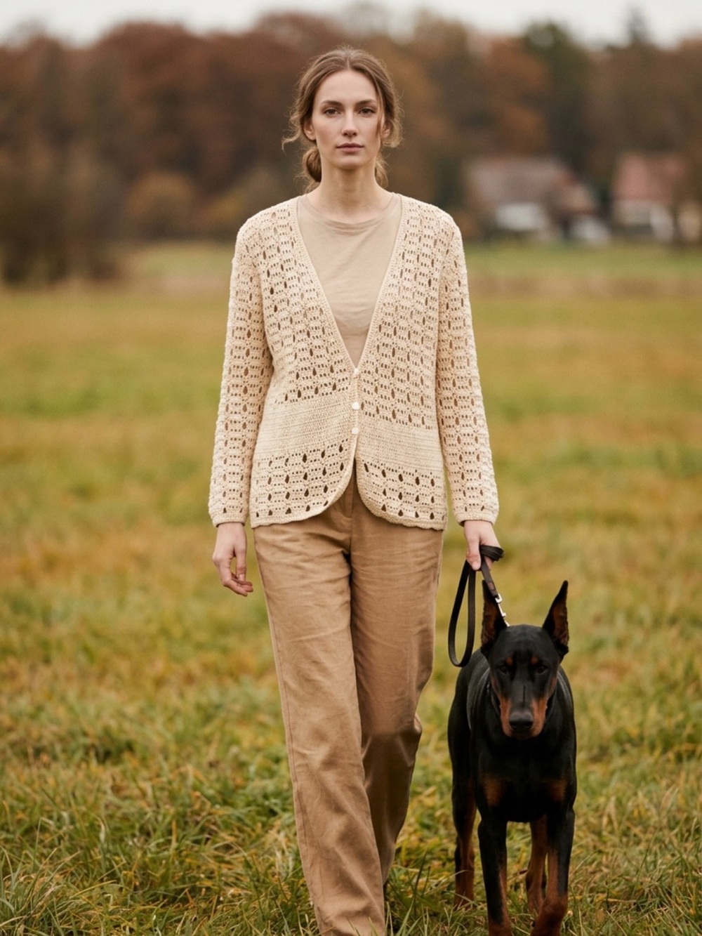 Light Cream Open-Knit V-Neck Cardigan for Women